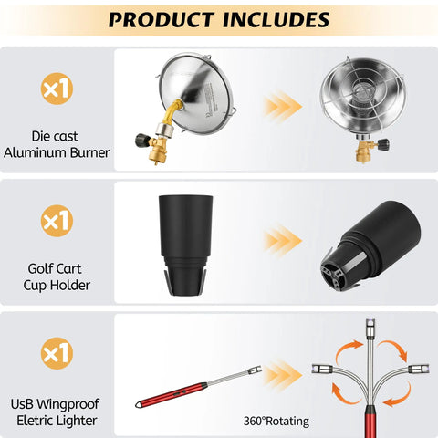 Outdoor Propane Golf Cart Heater 6200 BTU Portable Heater For Cold Rounds With Cup Holder Heats Up To 200 Sq Ft components