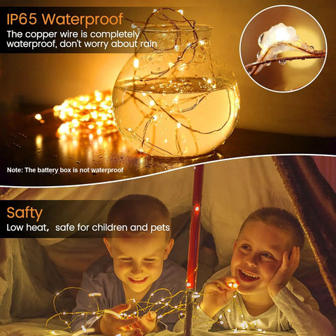 24 Pack Battery Operated Fairy Lights With 3 Modes illuminating in mason jar and with children in tent, 7 ft silver wire