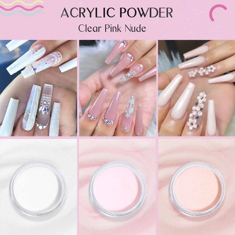 Beginner Friendly Acrylic Nail Starter Kit With Clear Pink Nude Powder And Monomer Liquid, nail designs showcasing powder colors.