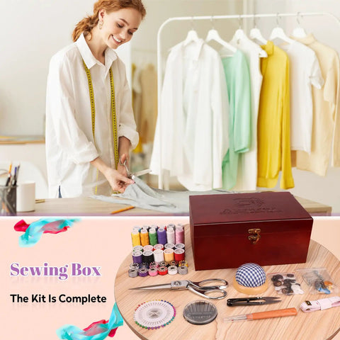 Handheld Sewing Machine With Elegant Wooden Box And 153 Piece Kit, Portable Cordless Mini Sewing Tool on display table