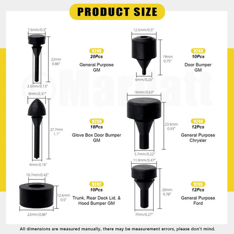Product size chart for 160 Piece Rubber Bumper Stopper Set For Cars With 12 Types Including Quarter Glass Hood Deck Lid Fender Trunk Gas Tank And Glove Box Bumpers Compatible With GM Chrysler Ford Vehicles Durable Quiet Install