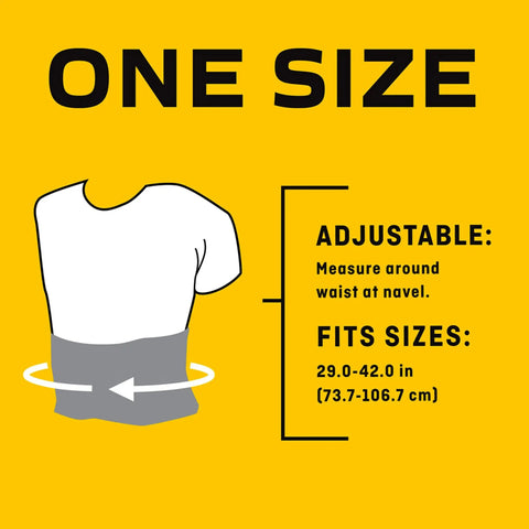 All Day Back Support For Women Adjustable Fit With Contoured Comfort size chart showing one size fits 29.0-42.0 inches.