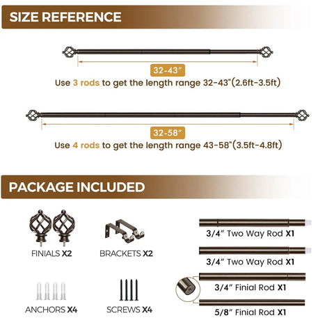 Bronze Curtain Rod Set With Adjustable Range From 32 To 58 Inches, Splicing Telescopic Drapery Rods, size reference and package contents