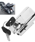 Iron Trunk Lock With Two Keys For Motorcycles Spring Toggle Latch Hasp Clamp Heavy Duty Locking Tool close-up with keys and bike inset