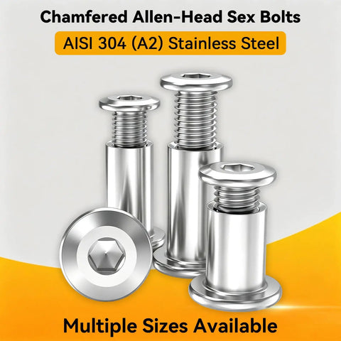 Premium Furniture Fastener Kit Contains 10 Pieces Of 12 Millimeter Flat Head Hex Cap Bolts Paired With Steel Barrel Nuts And Included Allen Wrench with chamfered allen-head bolts.