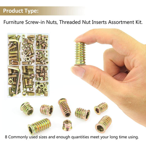 Hand holding threaded steel nut insert from 152 Piece Threaded Inserts Set For Wood, 1/4-20 And 5/16-18, DIY Furniture Repair Kit