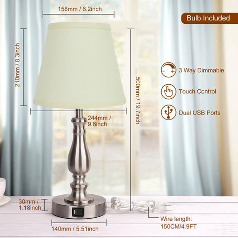 Brushed Nickel Table Lamp Set Of 2 For Nightstand Lamps, 20 Inch Tall With Dual USB A And C Ports, 3 Way Touch Bedside Lamps