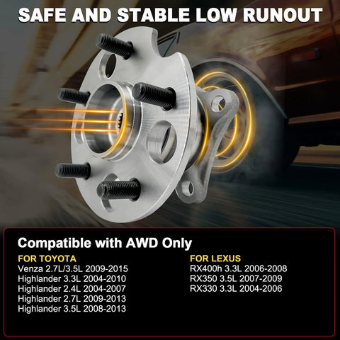 Rear Wheel Bearing Hub Assembly Drop-In Replacement For AWD SUVs And Crossovers Fits Toyota Highlander 2004-2013 Venza 2009-2015 Lexus RX330 2004-2006 RX350 2007-2009 RX400H 2006-2008 5 Lug With ABS, showcasing 5-stud design and compatibility details.