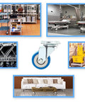 8 Pack 2 Inch Swivel Plate Caster Wheels With Blue Polyurethane Wheels displayed with various furniture and carts