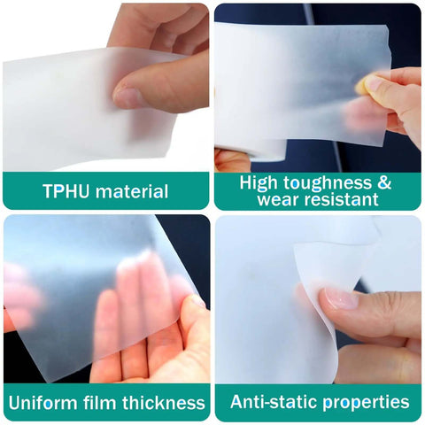 Hands showing TPHU material and properties of urethane die protection film for press brake guards, scratch and dent shield.