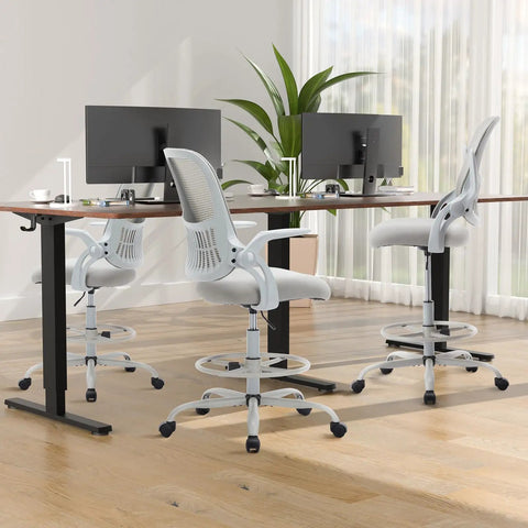 Drafting Chair For Standing Desks With Flip Up Arms, Counter Height Adjustable, Ergonomic Mid Back Mesh Chair On Wheels, 360 Degree Swivel