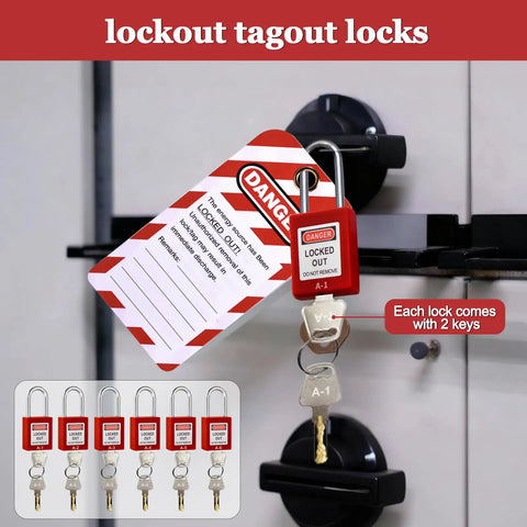 Lockout Tagout Station Kit With 6 Safety Padlocks, 2 Hasps, 2 Small Breaker Locks, 30 Loto Tags, 30 Nylon Ties, Wall Mounted Safety Box Ready To Roll For OSHA Compliance And Quick Lockout Setup shown with lock and tag.