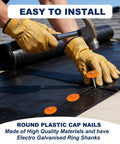 No Fuss Plastic Cap Nails Paired With Heavy Duty Electro Galvanized Ring Shank Fasteners And Resilient Orange Waterproof Washers For Fast Tar Paper And Roof Deck Work in installation on roofing.