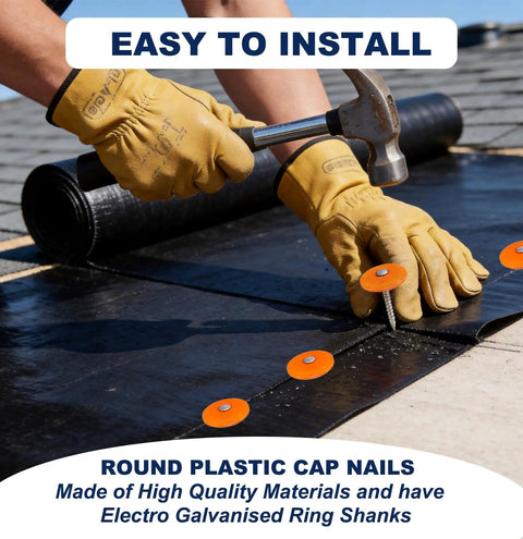No Fuss Plastic Cap Nails Paired With Heavy Duty Electro Galvanized Ring Shank Fasteners And Resilient Orange Waterproof Washers For Fast Tar Paper And Roof Deck Work in installation on roofing.