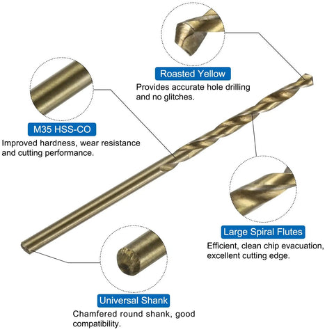 M35 HSS-CO drill bit with roasted yellow finish, designed for precise hole drilling in metal for Pro Shop Metric Tap And Drill Kit M2.5 Spiral Point Titanium Taps Paired With 2.1mm Cobalt Twist Bits For Straight Threading Heavy Metal Jobs That Put Up A Bulletproof Seal And Keep Things Locked Firm All Day Long.