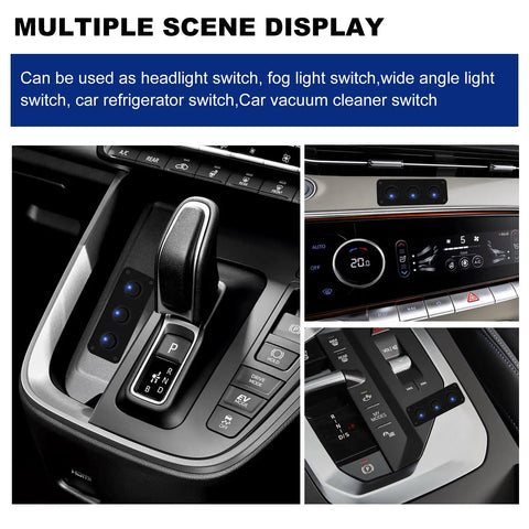 Three Gang Rugged Rocker Toggle Switch Panel With DC 12V 20A Waterproof Blue LED Round Switches installed in car dashboard