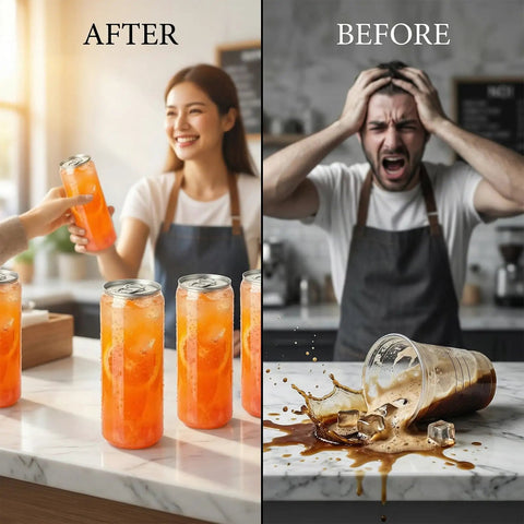 Commercial Can Sealer Machine Automatic Cup Sealer Five Station Beverage Packaging process before and after sealing drinks.