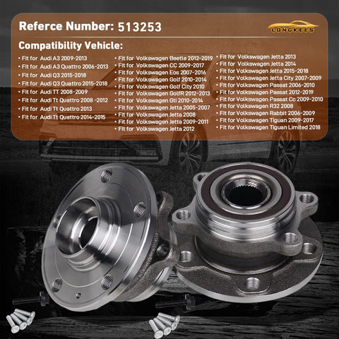 Front Wheel Hub And Bearing Assembly Set That Fits Jetta GTI Passat Beetle Tiguan Audi A3 Quattro Q3 TT With Four Bolt Flange Replace OE 513253 And 1K0498621 2 Piece Pack, showing two hubs with bolts.