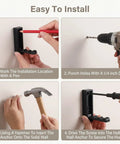 Installation guide for 8 Pack Foldable Wall Hooks Matte Black Zinc Alloy showing steps to mount on a wall.