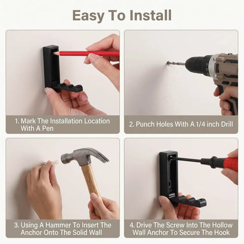 Installation guide for 8 Pack Foldable Wall Hooks Matte Black Zinc Alloy showing steps to mount on a wall.