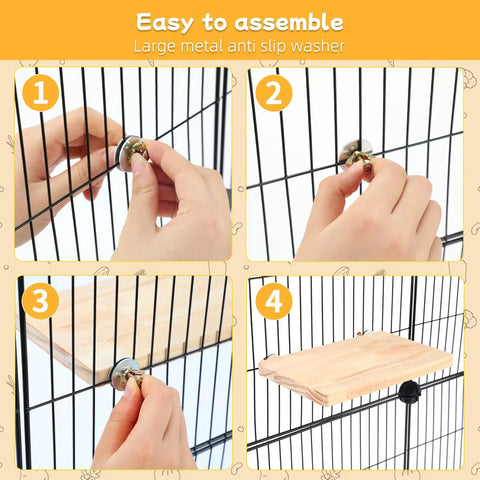Premium Solid Pine Wood Chinchilla Suspension Bridge and Climbing Ledges assembly steps, demonstrating ease of installation with metal washers.