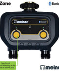 Smart Bluetooth Hose Timer 2 Zone Programmable Watering System With Quick Connect Bundle showing front view and controls