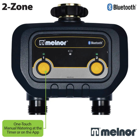 Smart Bluetooth Hose Timer 2 Zone Programmable Watering System With Quick Connect Bundle showing front view and controls