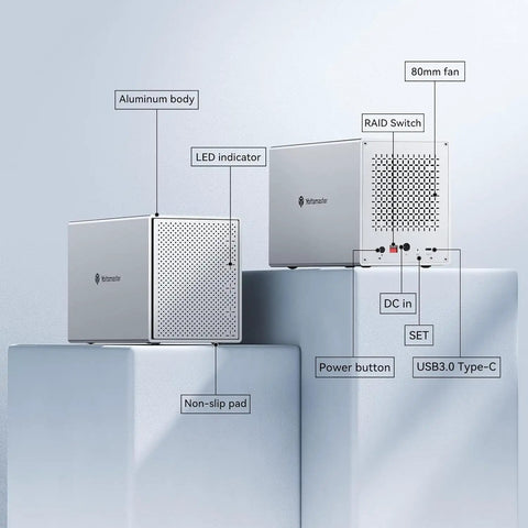 Heavy Duty Five Bay External Hard Drive Enclosure Usb C Aluminum Body with LED indicator and RAID Switch features.