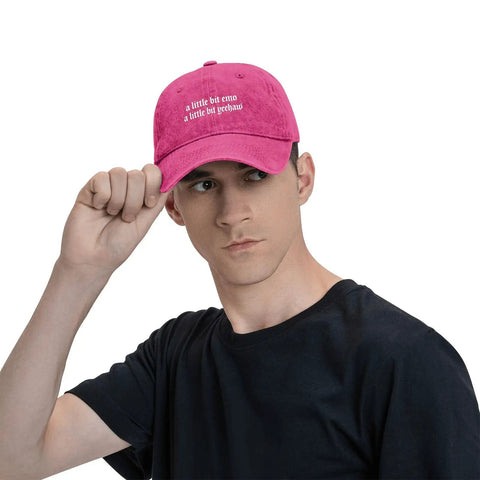 Man wearing Dope Lil Bit Emo Yeehaw Style Hat For Women Adjustable Cap With Front Artwork, showcasing pink hat design.