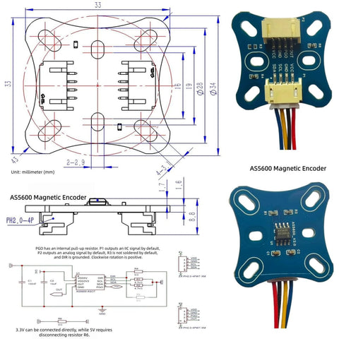 Blueprint and two views of AS5600 Magnetic Encoder board from Pro Grade Flight Ready High Torque Brushless Outrunner Hollow Shaft Motor Kit