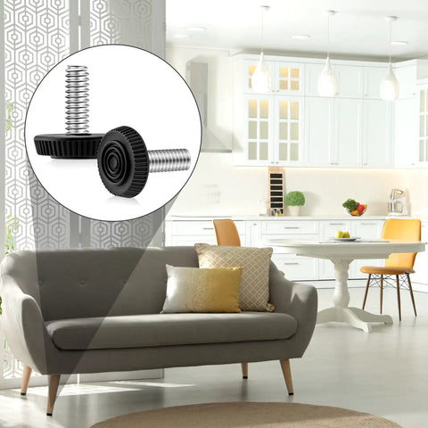 4 Pack 1/4-20 Adjustable Furniture Levelers Galvanized Steel Screw-In Leveling Feet in a modern living room setting.