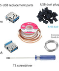 PS5 USB Port Replacement Kit With 2 USB Connectors, 20 Dust Plugs, Desoldering Wick, No Clean Solder Wire Roll For PS5 Pro, Slim, And Legacy Consoles DIY Fix Ready components including connectors, dust plugs, wick, wire, and screwdriver.