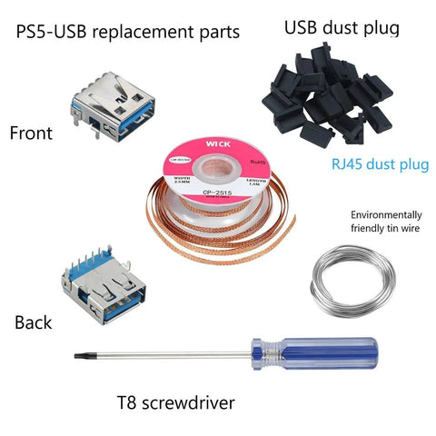 PS5 USB Port Replacement Kit With 2 USB Connectors, 20 Dust Plugs, Desoldering Wick, No Clean Solder Wire Roll For PS5 Pro, Slim, And Legacy Consoles DIY Fix Ready components including connectors, dust plugs, wick, wire, and screwdriver.