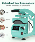 Hat Heat Press Machine For Caps With Two Interchangeable Platens 6.7x3.8 Inches And 6.7x2.5 Inches, Rigid Steel Frame No Stick Teflon Coated, Digital LCD Timer Temperature Control, Portable Desktop Design For Home And Small Business, shown for hats, bags, clothes, and bibs