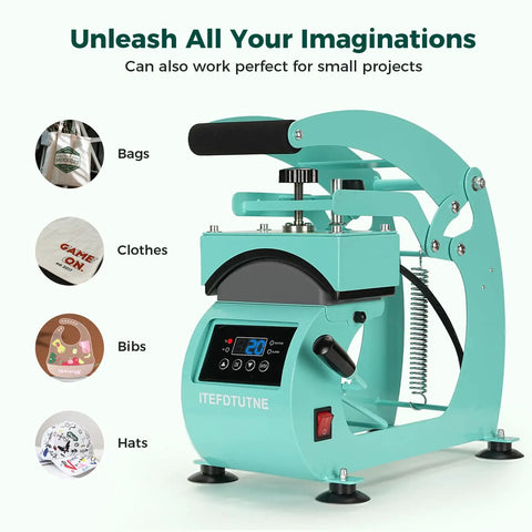 Hat Heat Press Machine For Caps With Two Interchangeable Platens 6.7x3.8 Inches And 6.7x2.5 Inches, Rigid Steel Frame No Stick Teflon Coated, Digital LCD Timer Temperature Control, Portable Desktop Design For Home And Small Business, shown for hats, bags, clothes, and bibs