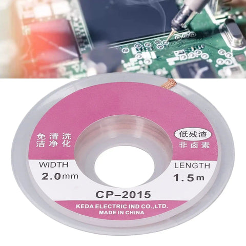 Copper Solder Wick For PCB And Circuit Boards, Flat Braid Design, 5 Pieces, reel showing specifications and PCB soldering in process.