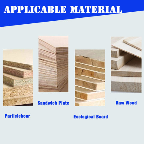 Woodworking material types: 4 items - particleboard, sandwich plate, ecological board, raw wood.
