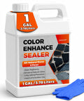 One Gallon Premium Wet Look Stone And Concrete Sealer Brings That Slick New Car Shine To Weathered Pavers And Walkways While Reviving Faded Rock Surfaces For Long Lasting Appeal in a white container with blue gloves.