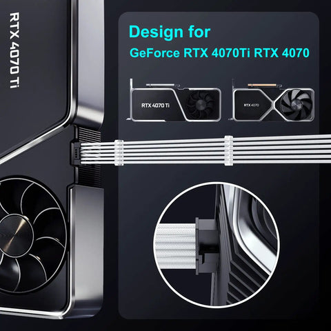 PCIe 5.0 16Pin GPU Power Extension Cable For RTX 4070Ti, 12VHPWR 16Pin To Dual 8Pin, white sleeved, connected to GPU