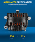 Front view of Beefy 12V 230Amp Alternator Replacement For Ford Super Duty Trucks F250 F350 F450 F550 1999 To 2007 With 7.3T And 6.0T Engines Direct Fit Heavy Duty Power Upgrade