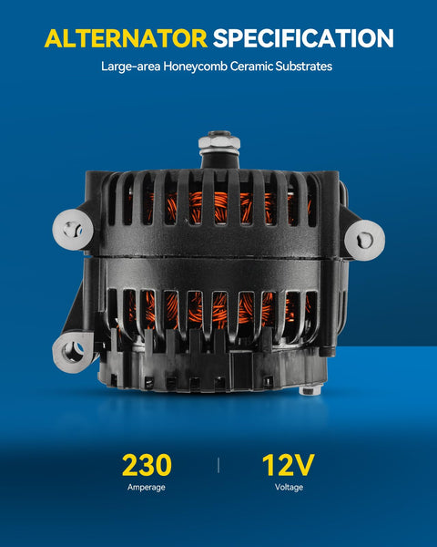 Front view of Beefy 12V 230Amp Alternator Replacement For Ford Super Duty Trucks F250 F350 F450 F550 1999 To 2007 With 7.3T And 6.0T Engines Direct Fit Heavy Duty Power Upgrade