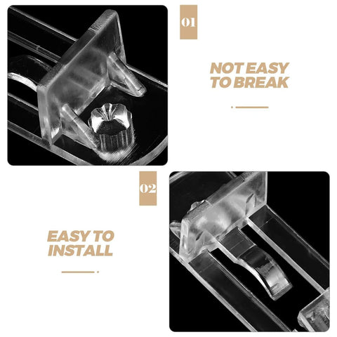 Close-up of Plastic Shelf Support Pegs Kit 80 Pcs Self Locking Clips For Cabinets And Shelves with easy install text.