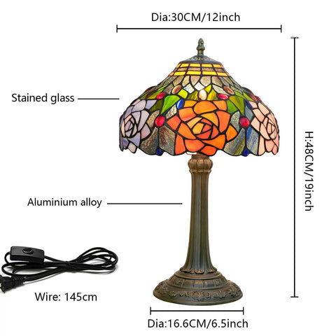 Tiffany Style Stained Glass Table Lamp 12 Inch Shade Multicolor Red Orange Purple Pink Rose Bedside Nightstand Reading Desk Light Vintage Retro Decor Led Bulb Included. Features stained glass and bronze base with wired switch.