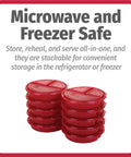 10-piece red meal prep containers set stacked, labeled compartments, BPA free, snap shut lids, microwave and dishwasher safe.