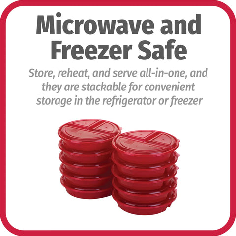 10-piece red meal prep containers set stacked, labeled compartments, BPA free, snap shut lids, microwave and dishwasher safe.