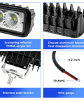 Rock Solid 6 Inch Led Flood Light Bar With 60 Degree Beam showing PMMA lens, diecast aluminum housing, stainless steel bracket, and wire gauge.