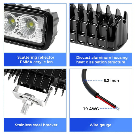 Rock Solid 6 Inch Led Flood Light Bar With 60 Degree Beam showing PMMA lens, diecast aluminum housing, stainless steel bracket, and wire gauge.