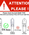 Comparison of G4 Halogen Bulb 20W 12V Dimmable Pack Of 12 to other bulb bases with warning to check compatibility