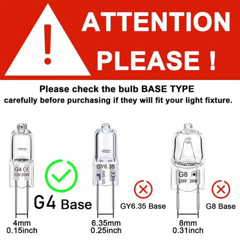 Comparison of G4 Halogen Bulb 20W 12V Dimmable Pack Of 12 to other bulb bases with warning to check compatibility