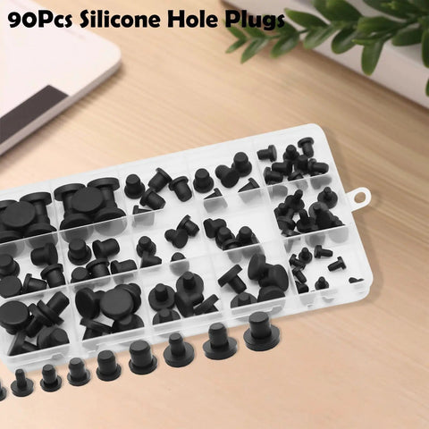 90 Piece Silicone Rubber Hole Plugs Kit With Vacuum Caps In 9 Sizes Flexible Sealing Stoppers Perfect For Powder Coating Bottles Bathtub Pipes And DIY Projects Multi-Purpose Black Stuff in organizer box